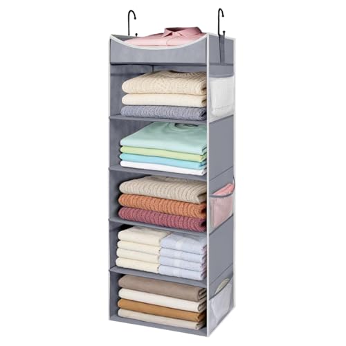 5-Shelf Hanging Closet Organizer and Storage with 6 Side Pockets, Collapsible Closet Hanging Shelves for Storage, Grey - size: 5-shelf