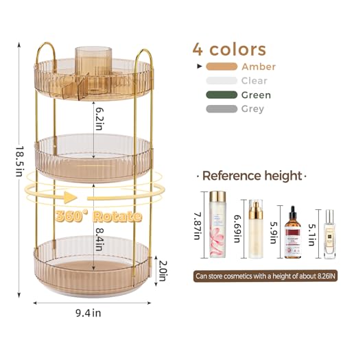 360° Rotating Makeup Organizer, Upgraded 3 Tier Skincare Perfume Organizers for Women, Bathroom Organizer Countertop, Clear Cosmetic Dresser Organizer with Makeup Brush Holder, Sink&Counter(Amber) - color: Gold, size: 3 Tier