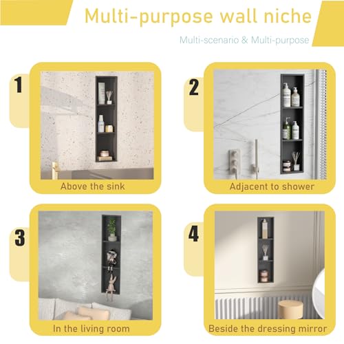 Tall Niche Three-Tiered Shelves Embedded in The Wall，Shower Niche No Tile Needed for Bathroom Niche Decor ，Stainless Steel（Black 8"x 36"） - color: Black, size: 36 * 8 in