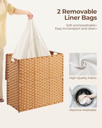 Greenstell Laundry Hamper with lid, No Install Needed, 130L Wicker Laundry Baskets Foldable 2 Removable Liner Bags, 2 Section Clothes Hamper Handwoven Rattan Laundry Basket with Handles, Natural - color: Natural, size: 130L (26.2x13.3x24.0 Inches)