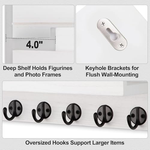 Lwenki Key Holder Wall Mount, Entryway Key and Mail Holder with 7 Sturdy Hooks for Sunglasses, Dog Leash, Decorative Wall Shelf with Mounting Hardware, 15”W x 6.7”H x 4.2”D (White) - color: White