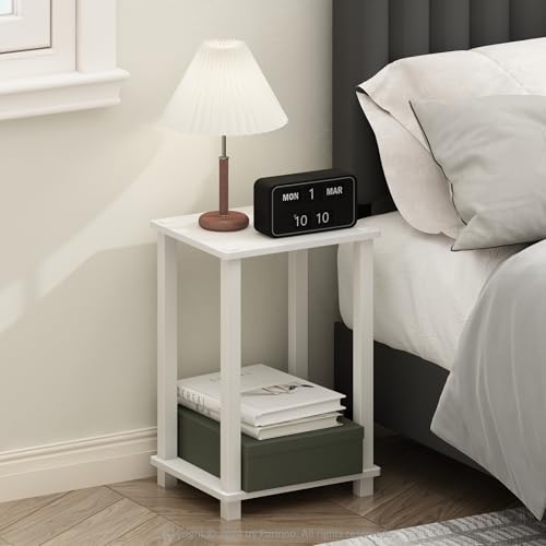 Furinno Simplistic Night Stand, 2-Tier Small Nightstand with Open Shelf, Toolless Assembly Bedside Table, End Table, Side Table, for Bedroom, Closet, Dorm, White - color: White/White, size: 2-Tier, Square Tubes, style: 1-Pack