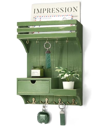 Rebee Vision Pine Wood Key Holder Wall Mount with Small Drawer Organizer - Wall Mounted Mail Organizer & Key Holder with 9 Hooks for Home Decor - Ideal for Entryway, Hallway, and Bedroom (Green) - color: Green, style: Small Drawer