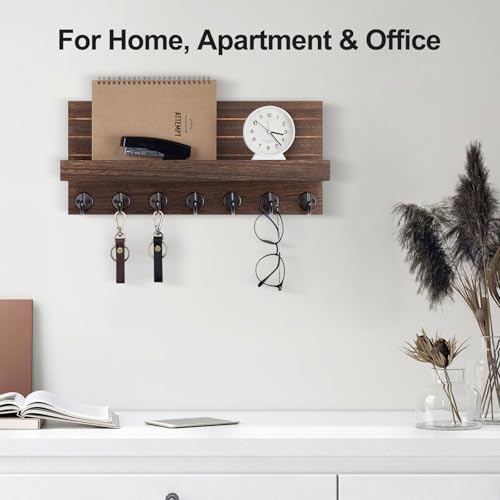 Lwenki Key Holder Wall Mount, Entryway Key and Mail Holder with 7 Sturdy Hooks for Sunglasses, Dog Leash, Decorative Wall Shelf with Mounting Hardware, 15”W x 6.7”H x 4.2”D (Brown) - color: Brown
