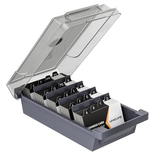 Uniclife Business Card Holder for Desk, Large Plastic Business Card Organizer Business Card Box with Lid, Dividers & A-Z Index Tabs, Desktop Index Card Holder, Name Card Storage Box, 500 Card Capacity - size: Medium