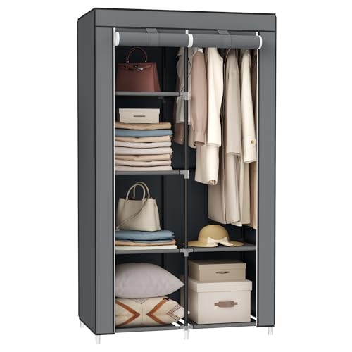 SONGMICS Portable Closet, Fabric Wardrobe, Clothes Rack with Shelves, Pockets, Large Capacity, 1 Hanging Rod, 34.6 x 17.7 x 66.1 Inches, Dove Gray URYG84GY - color: Grey, size: 2 Tiers(66.1"H)