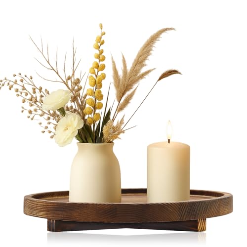 12 inch Large Round Decorative Tray Wood Bathroom Counter Organizer Farmhouse Kitchen Decor Wooden Riser for Perfume Soap Dish Wood Decorative Candle Holders for Home Decor Brown Table Centerpieces - color: Dark Brown, size: 12 Inch