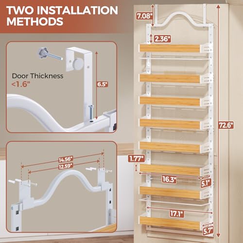 8-Tier Spice Rack Wall Mount, Heavy-Duty Over the Door Pantry Organizer with Wooden Adjustable Basket, 2 IN 1 Wall Mount or Hanging Pantry Door Organizer, Door Spice Rack for Home, White - color: White