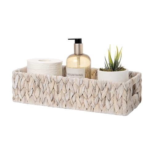 StorageWorks Wicker Toilet Paper Basket for Back of Toilet Baskets, Water Hyacinth Bathroom Basket Organizer and Storage for Tank Topper, Small Tank Trays for Decor with Built-in Handles, White - color: White (Water Hyacinth)