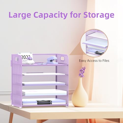 Supeasy 5 Trays Paper Organizer Letter Tray with Handle-Mesh Desk File Holders, Paper Sorter Desk Organizer for Office, Home, Classeoom or School, Purple - color: Purple