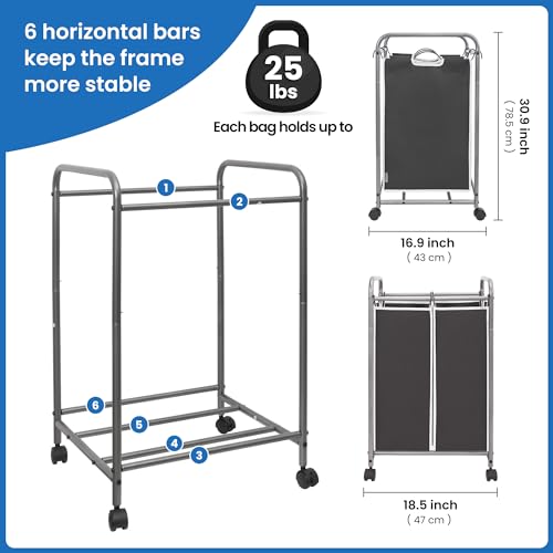 STORAGE MANIAC Laundry Sorter 2 Section, 90 L Gal Laundry Hamper with Wheels, Clothes Basket Separator Sorter, 2 Bag Clothes Cart with Wheels and Removable Bags for Closet, Dorm, Collage, Black - color: Black, size: 2 Section