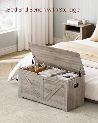 VASAGLE Storage Chest, Storage Trunk with 2 Safety Hinges, Storage Bench, Shoe Bench, Farmhouse Style, 15.7 x 39.4 x 18.1 Inches, for Entryway, Bedroom, Living Room, Heather Greige ULSB060K03 - color: Heather Greige, size: 39.4"W x 18.1"H, style: Farmhous