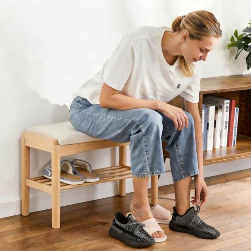 Solid Wood Shoe Bench Assembled, Shoe Rack Bench with Cushion for Entryway, Living Room, Bedroom, Hallway, 11.8" x 23.6" x 16.5", Natural - color: Natural + Light Gray, size: 23.62"