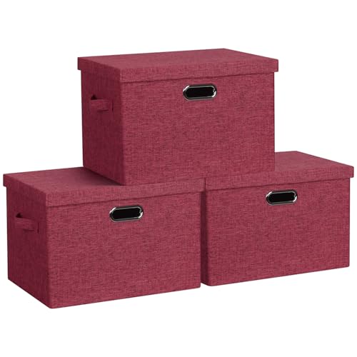 Graciadeco Large 17" 36 Quart Collapsible Stackable Storage Bins with Lids, 3 Packs Bright Red Linen Fabric Closet Boxes with Lids, Storage Cube Baskets Container Organizers for Office (17x12x11) - color: Bright Red, size: Large -3 Pack