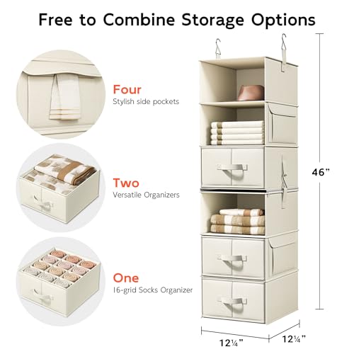Vailando 6-Shelf Hanging Closet Organizer with 3 Drawers, 2 Separable 3-Shelf Closet Organizers and Storage for Wardrobe Organization, Hanging Dresser for Nursury & Dorm Clothes Organizer, Beige - color: Beige, size: 6-Shelf Separable