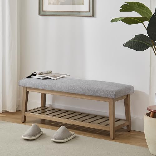 Zihanhome Entryway Bench, Chenille Upholstered Shoe Benches for Bedroom, Ottoman Benches with Solid Wood Shelf, Storage Bench for Hallway, Living Room(Grey) - color: Grey