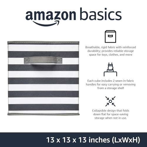 Amazon Basics Collapsible Fabric Storage Bins with Handles, Cube Organizer for Organizing, 13"x13"x13", White/Light Grey Stripe, 6-Pack - color: White/ Light Grey Stripe, size: 13"x13"x13"