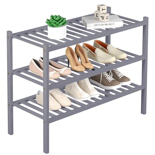 ROMGUAR CRAFT 3 Tier Bamboo Shoe Rack for Closet Free Standing Wood Shoe Shelf Storage Organizer for Entryway Small Space Stackable 27"x11"x20" (Grey) - color: Grey, size: 3 Tier