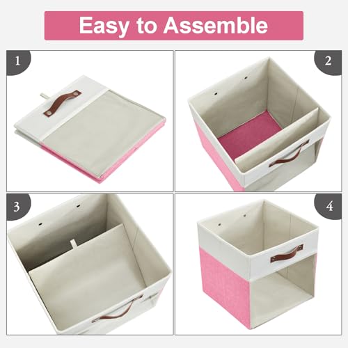 Bagnizer Storage Cubes, 4 Pack Linen Foldable Storage Bins (13 x 13 inch) with Clear Window and Handles, Fabric Organizer for Shelf Closet, Clothes, Books - (Pink and White) - color: Pink / Off-White, size: 13 x 13 x 13