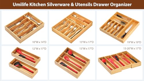 Umilife Bamboo Kitchen Drawer Organizer, 8 Inch Silverware Utensils Tray Holder for Small Drawer, Wood Caddy for Flatware Cutlery Knives - size: 8 x 15.5 inch (5 Slots)
