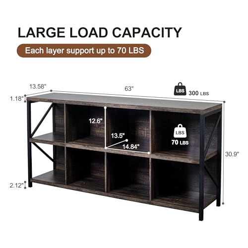 8 Cube Storage Organizer Bookshelf, Industrial Horizontal Bookcase, Accent Cubby Shelf, Media Console Table for Living Room, Home Office, 13.6" D x 63" W x 30.9" H, Dark Grey Oak - color: Dark Grey Oak, size: 8 Cube- 2 Tier