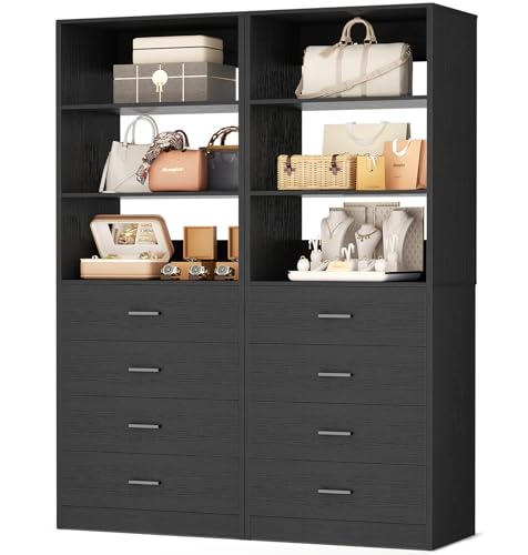 Aheaplus Closet Drawers Organizer System, 3.54FT Wood Closet System with 4 Drawers, Modular Walk-in Closets Storage Unit, Tall Bookshelf Storage Cabinet, Black (2 Packs) - color: Black, size: 42.5''
