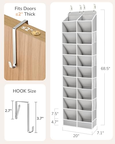 ULG Over The Door Shoe Organizer for Closet Fit 24-32 Pairs with Large Deep Pockets, Narrow Shoe Rack for Door Hanging Boots Storage, Black - color: Grey, size: 10-Tier