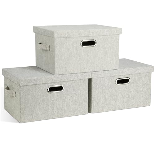 Graciadeco Medium 15" 21 Quart Collapsible Stackable Storage Bins with Lids, 3 Packs Beige Foldable Fabric Closet Boxes Heavy-duty Linen Cube Baskets Container for Bedroom Office (15 x 11 x 8) - color: Beige, size: Medium -3 Pack