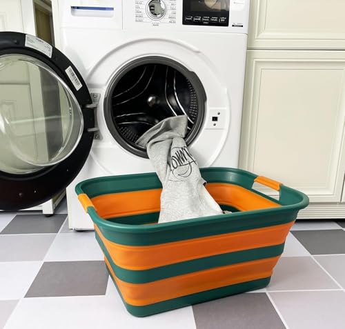 SAMMART Collapsible Plastic Laundry Basket with Handle/Foldable Pop Up Storage Hamper/Portable Laundry Organizer-Space Saving Washing Tub/Household Storage (Teal Green/Autumn leaf, 42L) - color: Teal Green/Autumn leaf, size: 42L