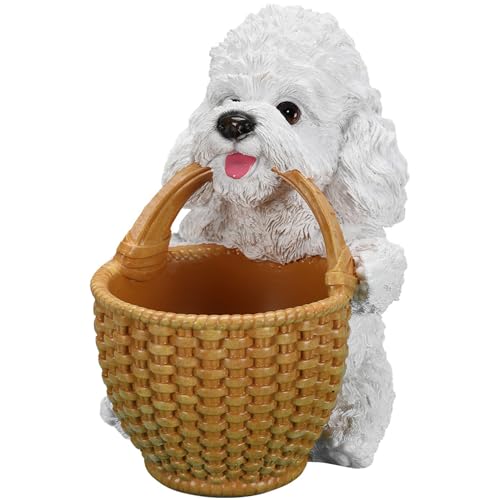 Vanity Jewelry Tray & Ring Holder Dish for Bedroom Dresser Featuring White Poodle Carrying Basket - Dog Figurine Catchall Bowl for Hair Ties & Lipsticks - Elegant French Room Decor - color: Poodle Carrying Basket - White, size: Poodle