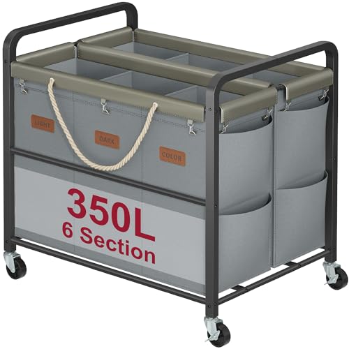 Tajsoon 350L Extra Large Laundry Cart 6 Section, Heavy Duty Laundry Sorter with Lockable Wheels, Laundry Basket with Sturdy Metal Frame, Leather Patchwork Laundry Separated with Removable Bags, Grey - color: Grey, size: 6 Bag 350L