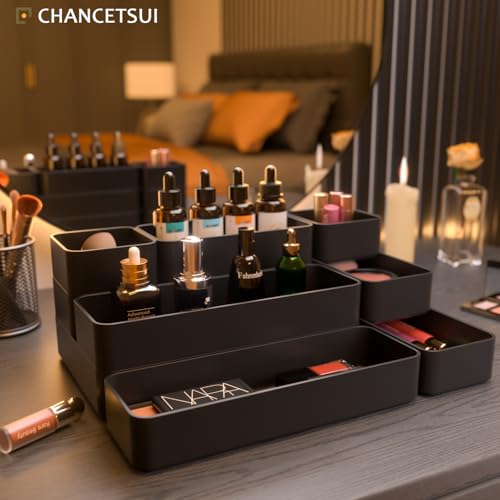 9 Pcs Stackable Drawer Organizer Trays Set, Multifunctional Stackable Storage Trays for Vanity, Bathroom, Kitchen, Desk Drawer Organizer Office. Plastic Drawer Organizers Available In 5 Colours, Black - color: 9-4Black
