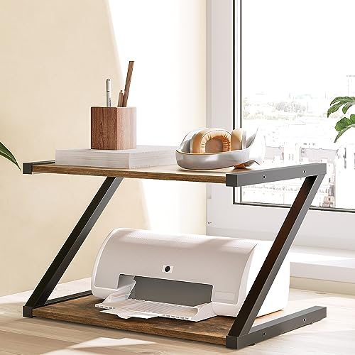 YATINEY Desktop Printer Stand, 2-Tier Printer Table with Storage Shelf, Under Desk Printer Stand for Office, Open Organizer Shelf, Easy Assembly, Rustic Brown PS02BR