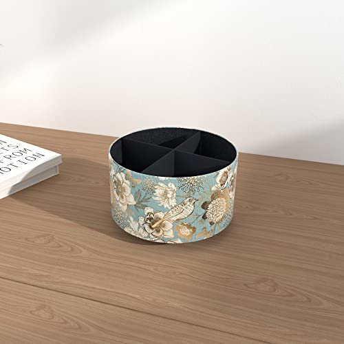 Hennaja Round Leather Art Supply Organizer,Remote Control Holder,360 Degree Rotating,Multi-Functional Pencil Holder,4 Compartments Desktop Stationary Organizer(1-Blue Bird) - color: 1-Blue Bird