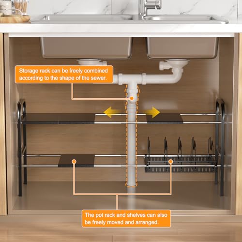 Under Sink Organizer 2 Tier Kitchen Storage Rack, Expandable Pot and Pan Organizer with Adjustable Height & 4 Dividers, Removable Kitchen Shelf for Cabinet, Countertop(4panels,1 Pot rack, Black)