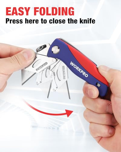 WORKPRO Folding Utility Knife, Quick-Change Box Cutter, Blade Storage in Handle with 5 Extra Blades Included