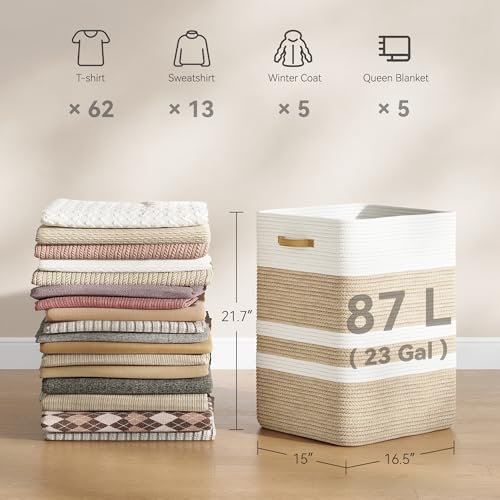 Nunsino 87L Laundry Hamper,Laundry Basket with Leather Handles,Woven Storage Basket for Toys,Pillows,Blankets,Clothes,Brown&White - color: Brown&White, size: 87 L