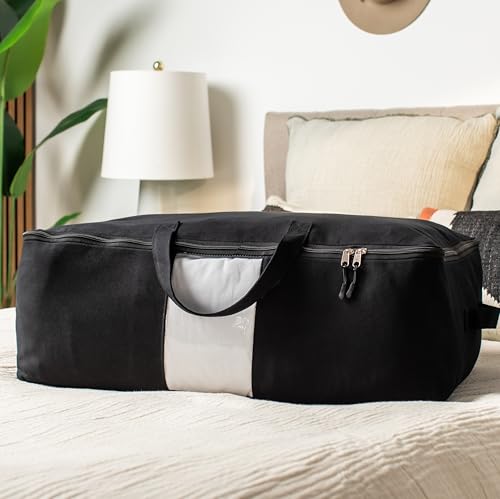 Soft Canvas Storage Bags with Zipper. Thick Breathable, 1pc King/Queen Comforter Organizer. Four Carrying Handles and Window. Large 25x19x9in Bag for Sheets Blankets Bedding Pillows, Clothes (Black) - color: Black, size: 1 Pack
