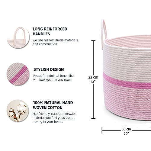 OrganiHaus Large Woven Storage Basket for Blankets and Toys 20" x 13" Inch, Rope Laundry Basket with Handles, Cushions & Pillows Storage Bin, Nursery Hamper, Soft Round Dog Toy Bin - Pink Stripe - color: Striped Pink, size: Wide