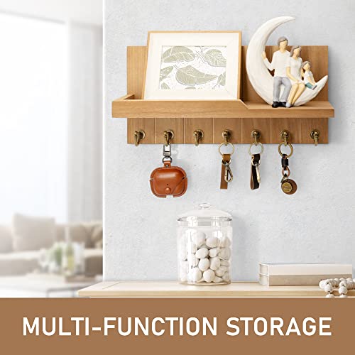 Rebee Vision Decorative Key Holder for Wall Shelf - Farmhouse Wood Wall Hanging Mail Organizer with 7 Sturdy Key Hooks for Home Entryway Decor - Stylish Key Racks (Light Brown,15-inch) - color: Light Brown, size: 15-inch