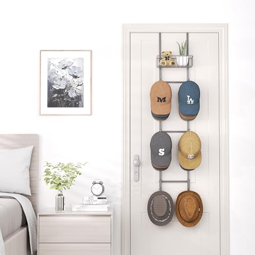 HapiRm Over Door Hat Rack - 2 Packs Wall Mounted Hat Holder with 6 Hooks and Metal Basket Design, Baseball Cap Organizer Storage Up to 32 Caps for Door, Bedroom, Closet (Grey) - color: Grey, size: 1 Pack