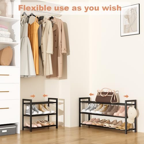 LANTEFUL Adjustable 18"-33" Expandable Shoe Rack for Closet 12 Pairs Small Spaces 3 Tier Shoe Organizer with 5 Hooks Metal Shoe Shelf for Entryway, Bedroom