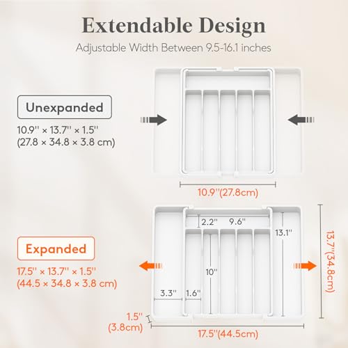 Lifewit Silverware Drawer Organizer, Expandable Utensil Tray for Kitchen, BPA Free Flatware and Cutlery Holder, Adjustable Plastic Storage for Spoons Forks Knives, 10.9"-17.5" x 13.7", White - color: White, size: Large (11-18''W x 14''D)