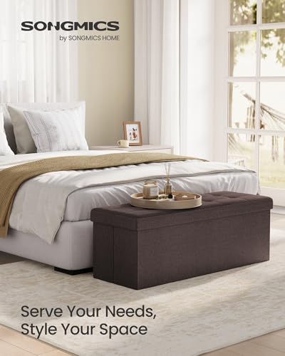 SONGMICS MAZIE Collection - 43 Inches Folding Storage Ottoman Bench, Ottoman Foot Rest, End of Bed Bench, Storage Chest, Load 660 lb, for Living Room, Bedroom, Entryway, Brown ULSF77BR - color: Brown, size: 15"D x 43"W x 15"H