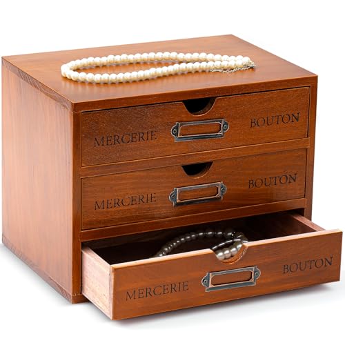 Wesiti 3 Drawer Vintage Wooden Desk Organizer, Apothecary Cabinet Storage Drawers, Rustic Shelf Drawer, Home Office Organizers and Accessories, Embroidery Floss, Craft, Art, Jewelry Storage, Stackable - color: Brown, size: 3 Drawers
