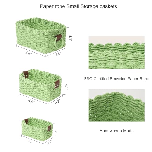 Small baskets for Organizing,Cute woven Storage basket with recycled paper rope for Shelves Bathroom,Little decorative basket,Set of 3 (Light Green) - color: Light Green