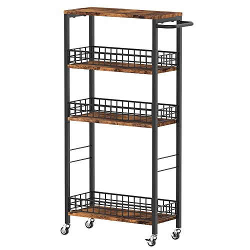 Slim Storage Cart Rolling Kitchen Cart with Wheels Narrow Laundry Storage Utility Cart 4 Tier Bathroom Mobile Shelving Unit Organizer with Wood Tabletop Trolly Cart with Handle for Small Spaces, Brown - color: Brown