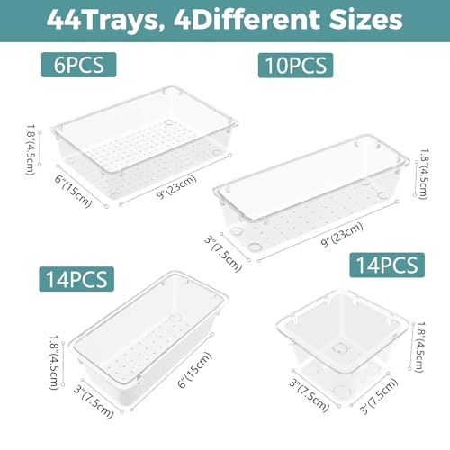 WOWBOX 44 PCS Clear Plastic Drawer Organizer Set, 5 Varied Size storage Bins and Desk Drawer Organizer Tool Trays for Makeup, Gadgets, Jewelry and Utensils in Bathroom, Bedroom and Office, Clear - color: Clear