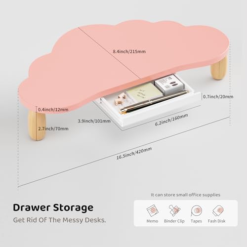 AFOOYO Monitor Stand Riser,Cloud-Shaped Sturdy Wood 16.5In Computer Monitor Riser Wirh Drawer, Multi-Purpose Desktop Organizer Riser for Computer,Laptop,Printer,TV,Pink - color: Pink, size: Wirh Drawer