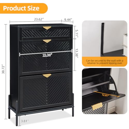Shoe Cabinet Storage with 2 Flip Drawers, Narrow Hidden Shoes Organizer Cabinet for Entryway, Freestanding Slim Shoe Rack Front Door Entrance(Black) - color: Black, size: Medium